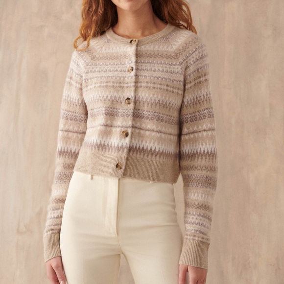 EUC White + Warren Warm Neutral Cashmere Fair Isle Cardigan Sweater - Picture 3 of 13